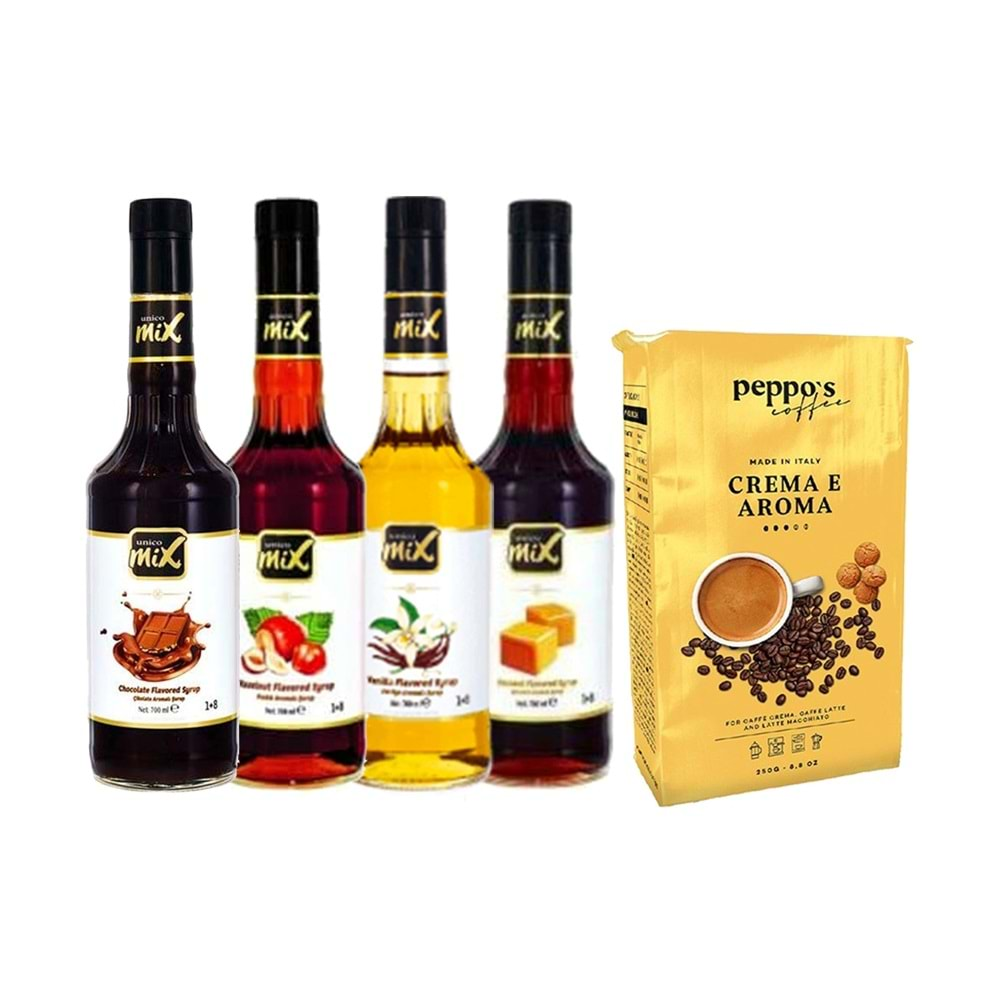 UNİCOMİX KARAMEL-VANİLYA-ÇİKOLATA-FINDIK ŞURUP 700 ML+FİLTRE KAHVE 250 GR