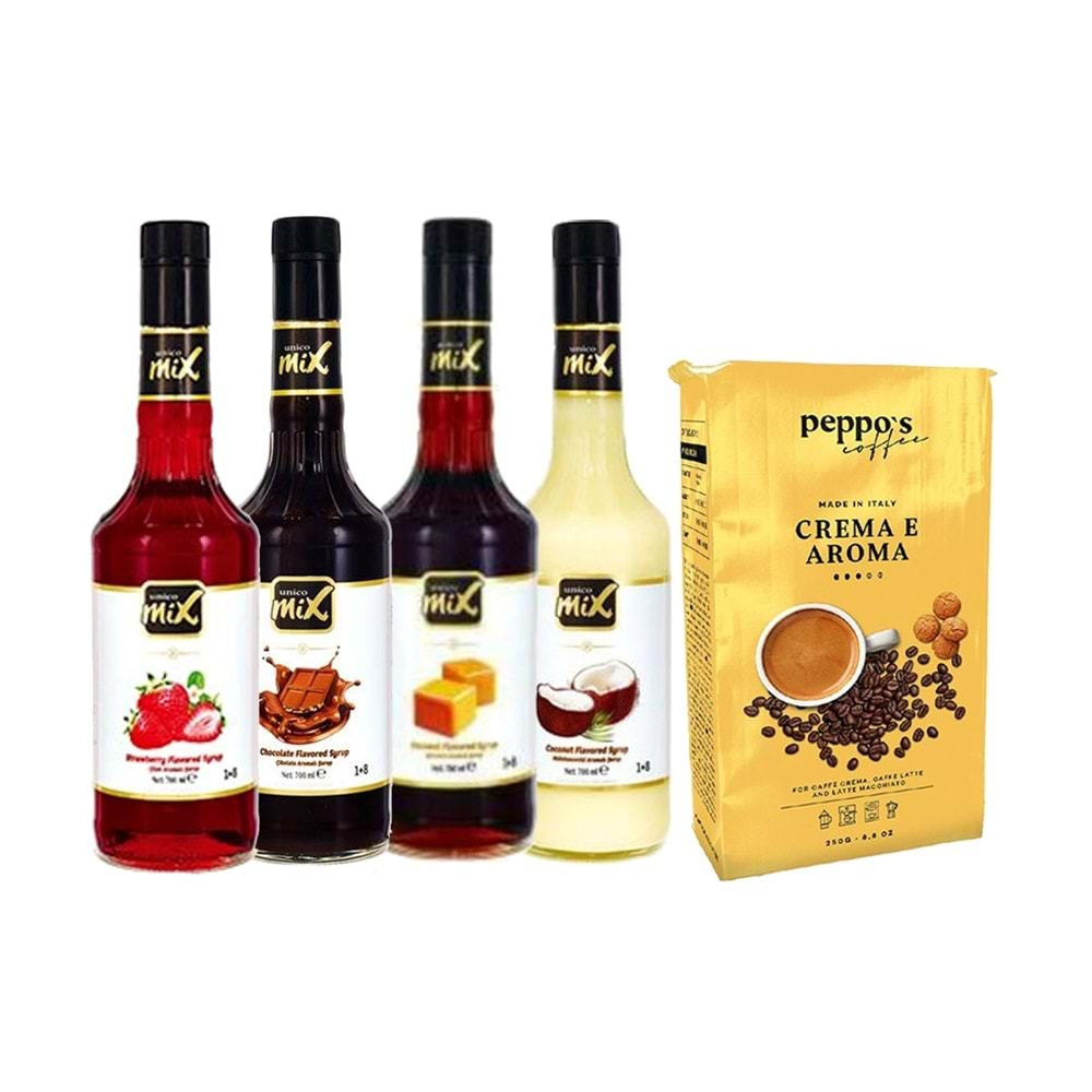 UNİCOMİX ÇİLEK-ÇİKOLATA-KARAMEL-H.CEVİZİ 700 ML+PEPPOS FİLTRE KAHVE 250 GR