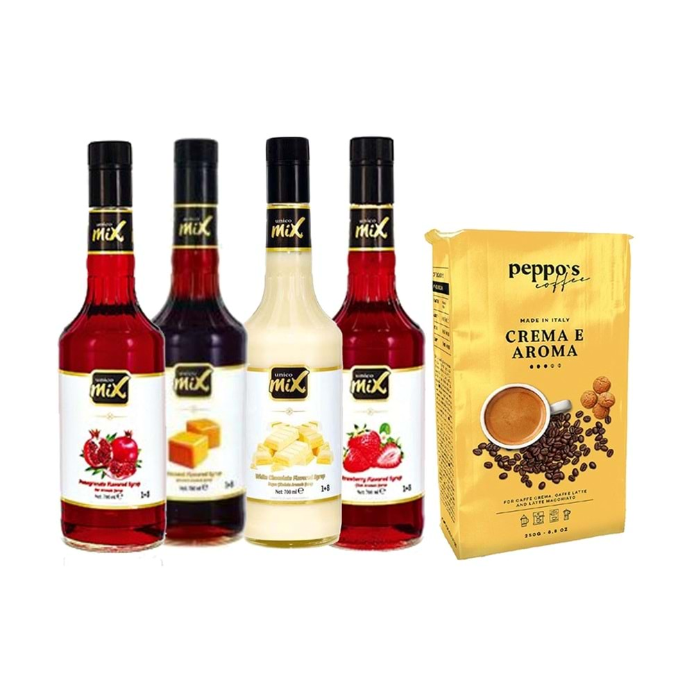 Unicomix Nar-Karamel-Beyaz Çikolata-Çilek + Peppos Crema E Aroma Filtre Kahve 250 Gr