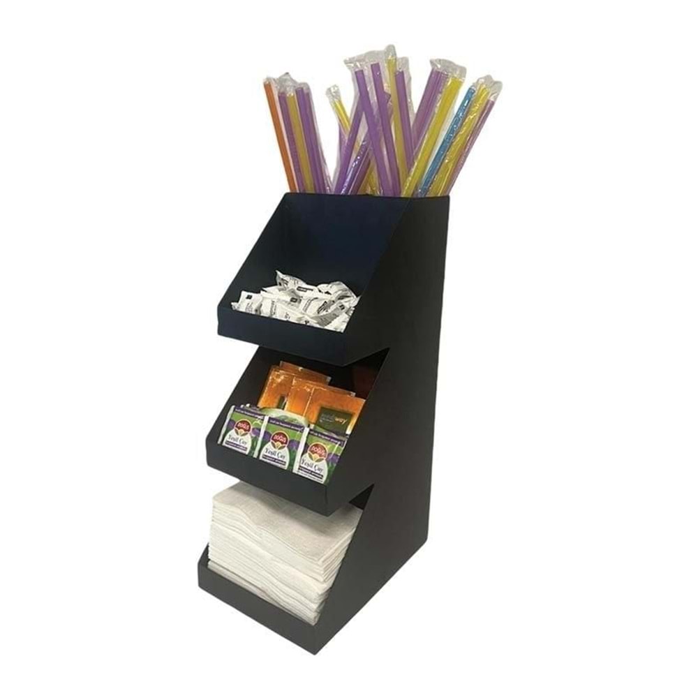 KAHVECİNİZ 3 KATLI 5 BÖLMELİ METAL PİPET & PEÇETELİK ŞEKERLİK ORGANİZER SİYAH