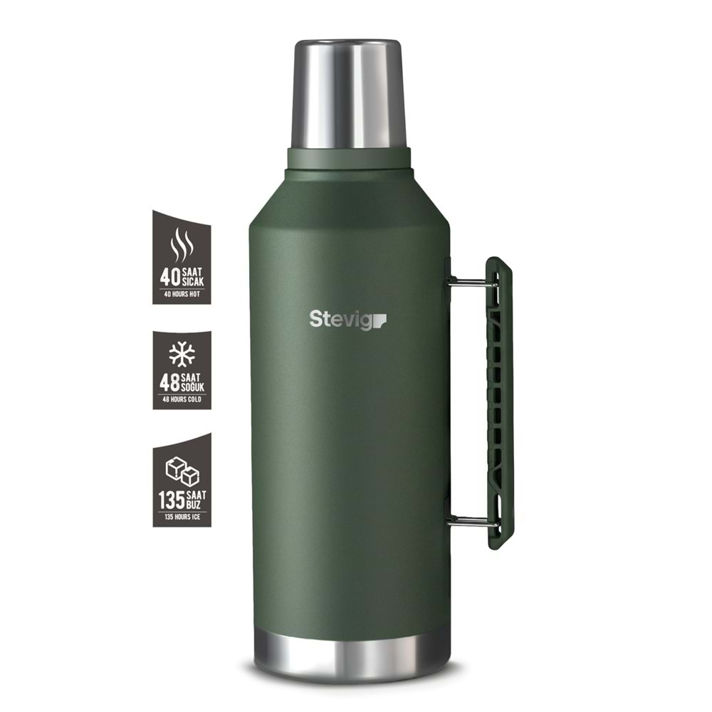 STEVIG 1 CAMPER KLASİK KULPLU SIZDIRMAZ ÇELİK TERMOS 2.2 LT. GREEN ST-260